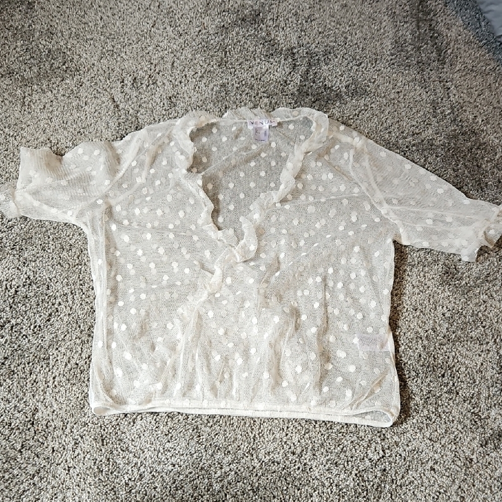 VENUS White Ruffled Sheer Short Sleeve Blouse